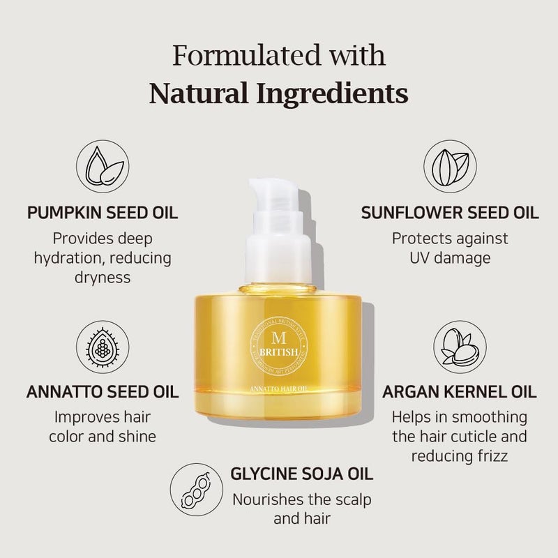 BRITISH M Annatto Hair Oil 4.73 fl. oz â€“ Frizz-Free Shine, Deep Hydration, Natural Vegan Formula, UV Protection, Salon-Quality for All Hair Types - Image 2